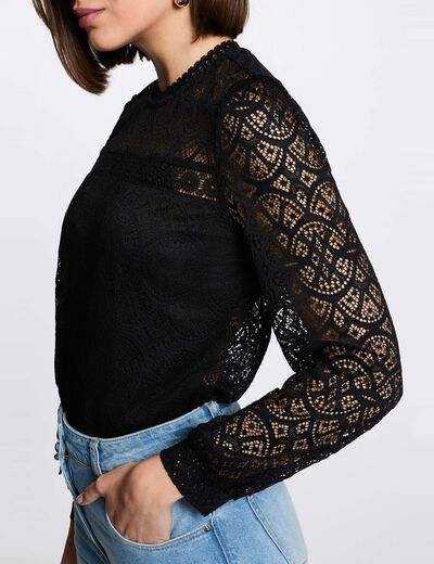 Camiseta de encaje manga larga negro mujer