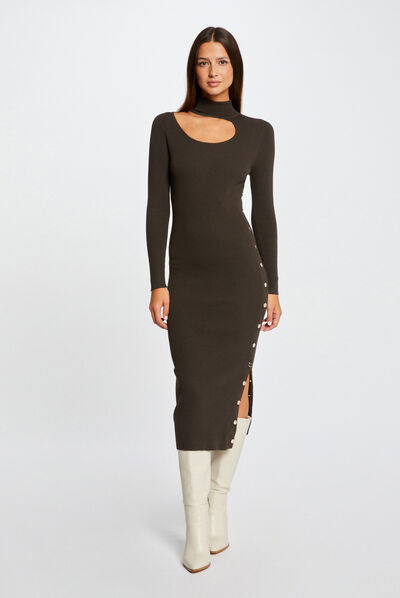 Vestido de punto midi ajustado abertura verde oscuro mujer