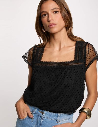 Camiseta encaje cuello cuadrado negro mujer