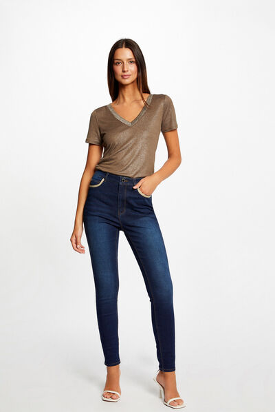 Vaquero skinny con bandas metalizadas vaquero en bruto mujer