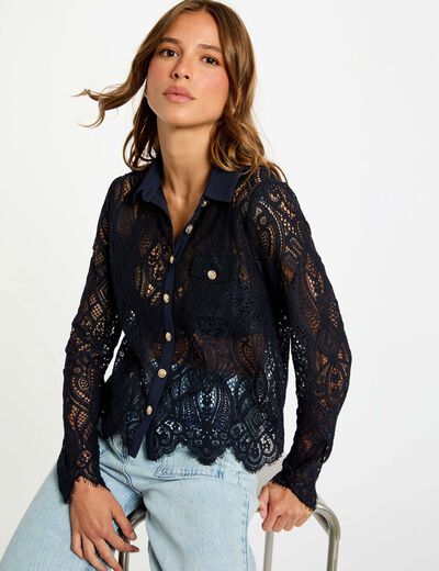 Camisa corta de encaje azul marino mujer