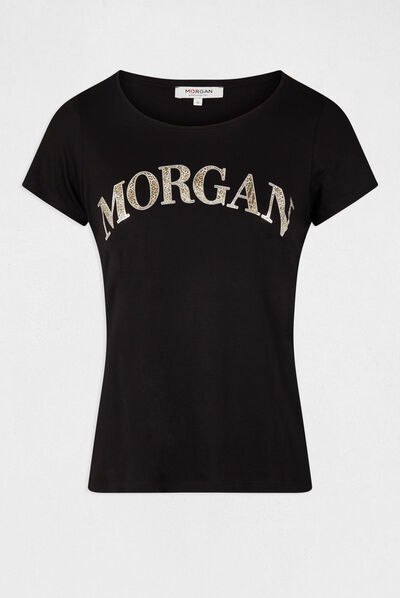 Camiseta de manga corta con mensaje negro mujer