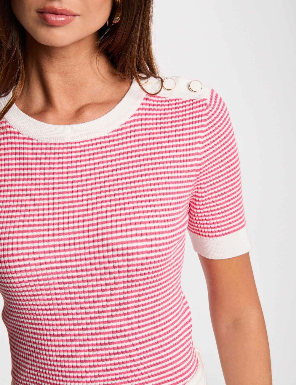 Jersey rayado cuello redondo rosado fucsia mujer