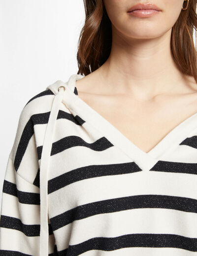 Jersey escote en V y capucha marfil mujer