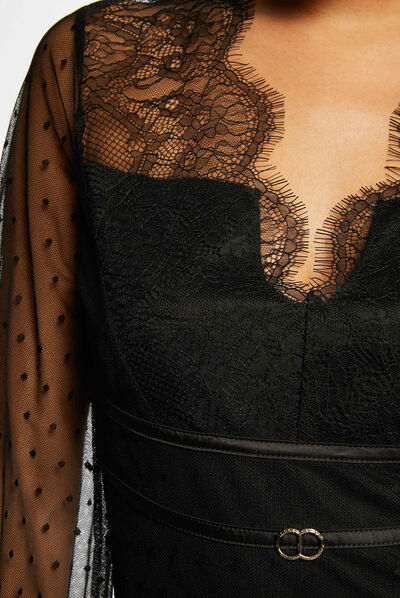 Body manga larga con plumeti negro mujer