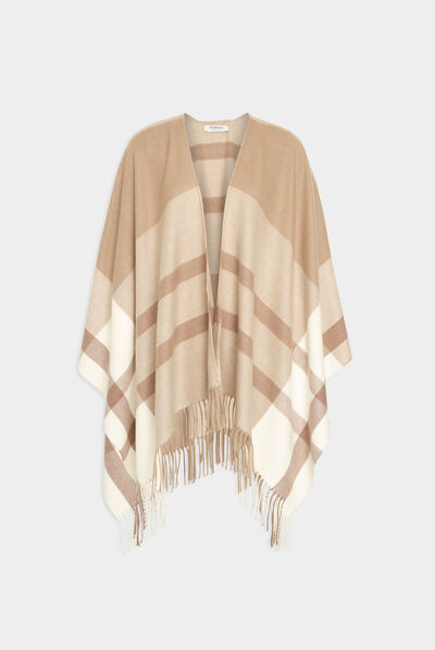 Poncho con rayas beige mujer