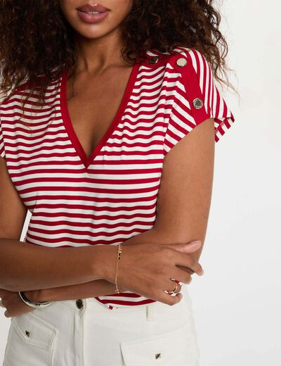 Camiseta de rayas con cuello v blanco mujer