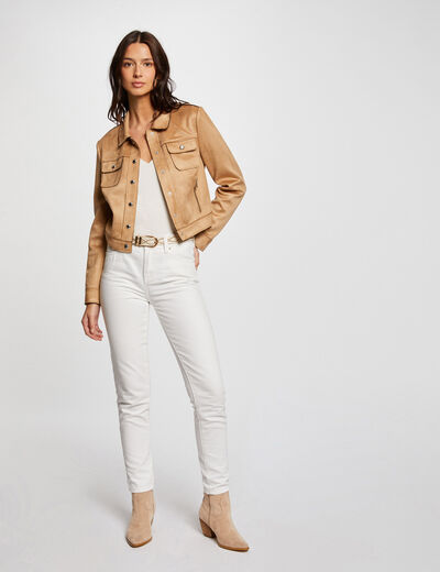 Chaqueta de antelina con botones cámel mujer