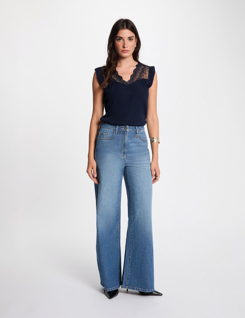 Top plisado con encaje azul marino mujer