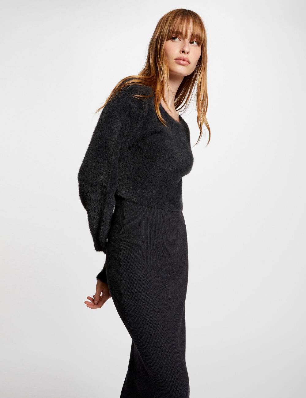 Vestido midi ajustado 2-en-1 gris oscuro mujer