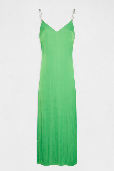 Vestido largo acampanado de satén verde claro mujer