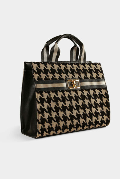 Bolso shopper estampado pata de gallo marrón mujer