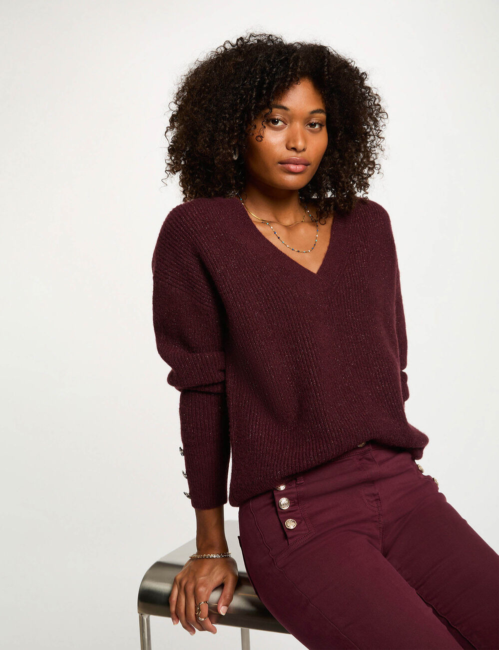 Jersey cuello en V oversize ciruela mujer