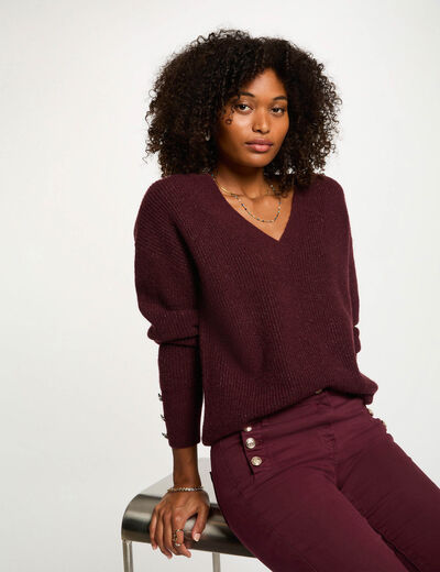Jersey cuello en V oversize ciruela mujer
