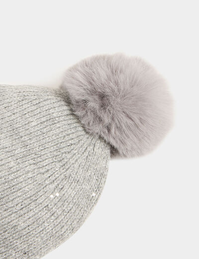Gorro pompon y lentejuelas gris moyen mujer