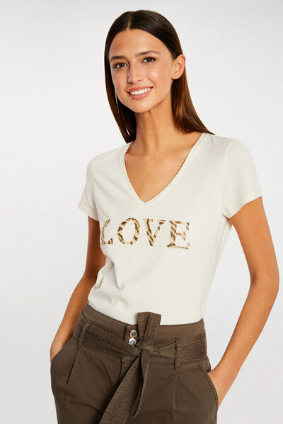 Camiseta de manga corta marfil mujer