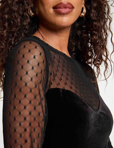 Camiseta de terciopelo con transparencia negro mujer