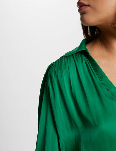 Camisa manga larga satinada verde mujer
