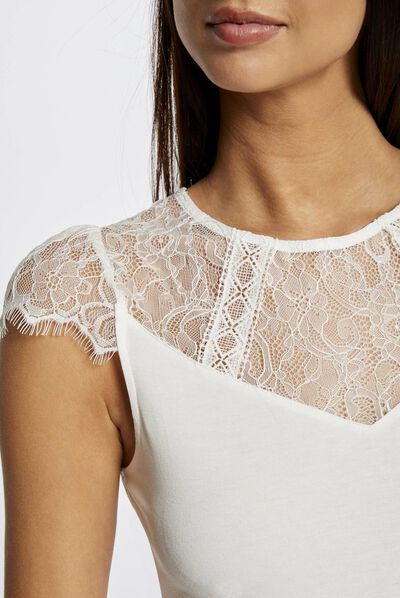 Camiseta manga corta con encaje crudo mujer
