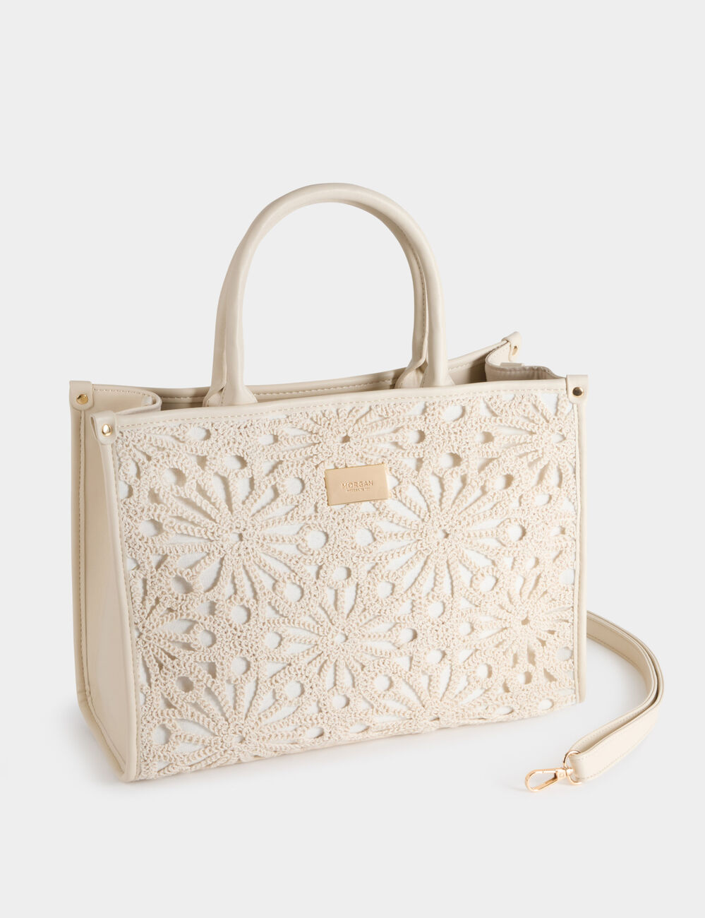 Bolso tote bordado marfil mujer