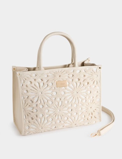 Bolso tote bordado marfil mujer