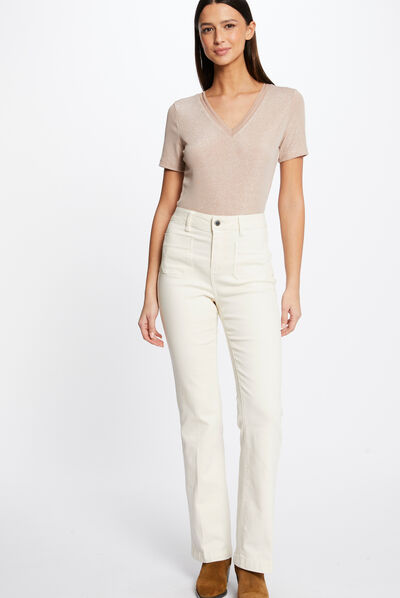 Pantalón recto con pinzas marfil mujer