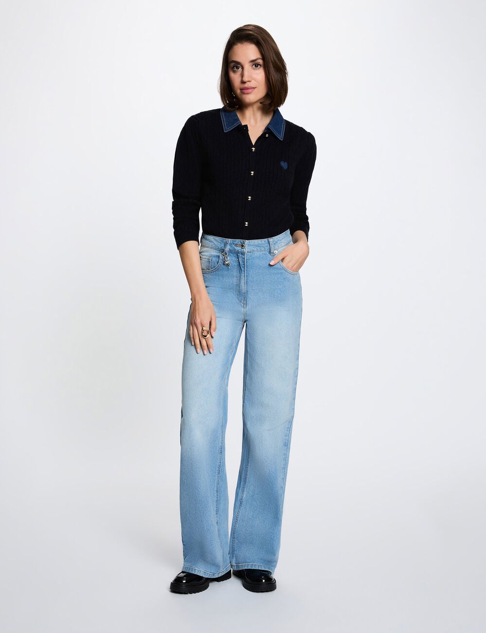 Jersey con cuello vuelto y botones azul marino mujer