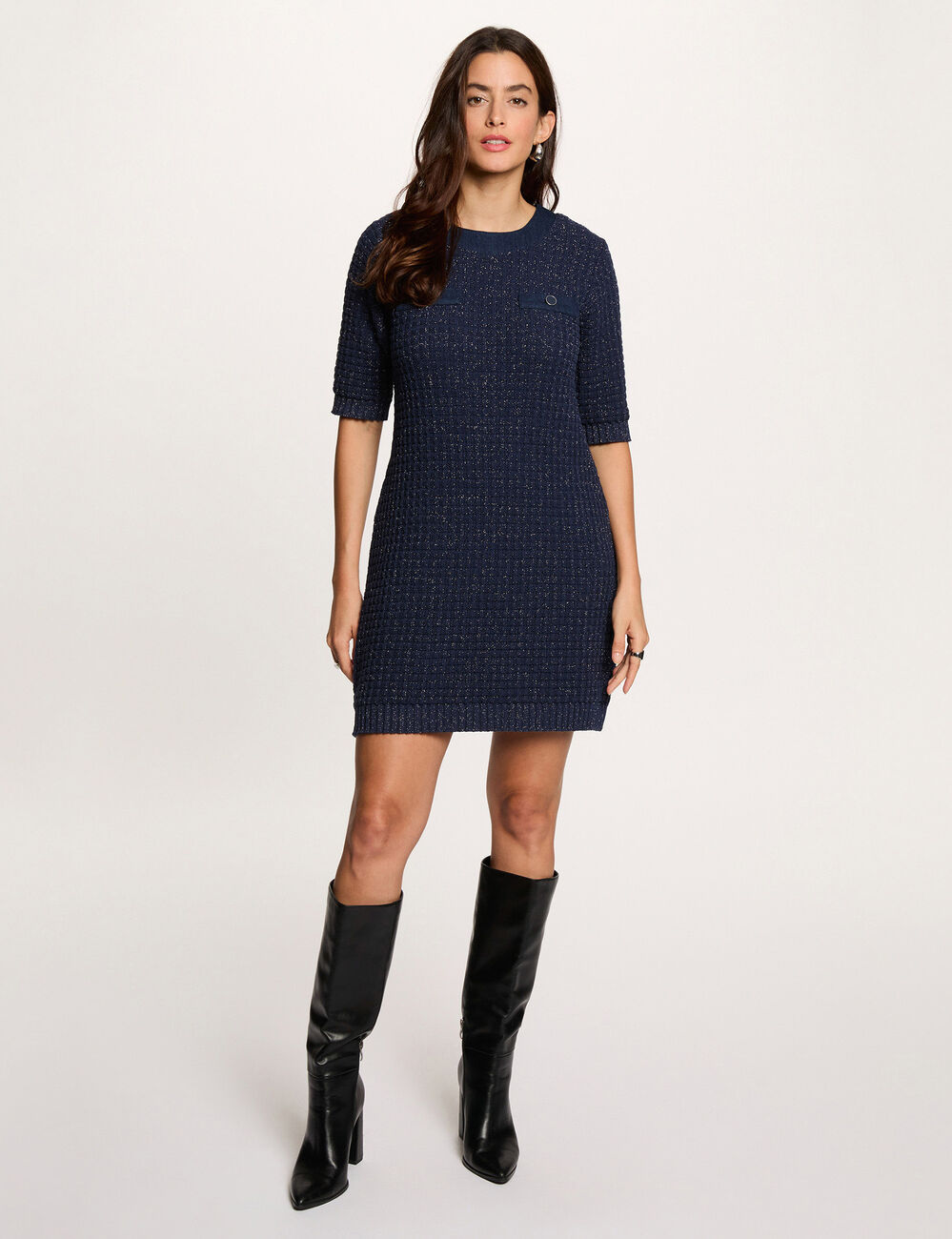 Vestido de punto con cuello redondo azul marino mujer