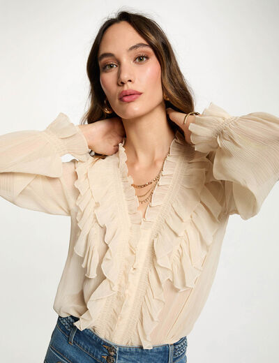 Camisa fluida con cuello en v creme mujer