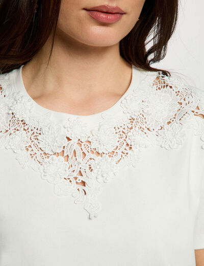 Camiseta de encaje con cuello redondo blanco mujer