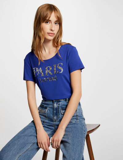 Camiseta mensaje y lentejuelas azul eléctrico mujer