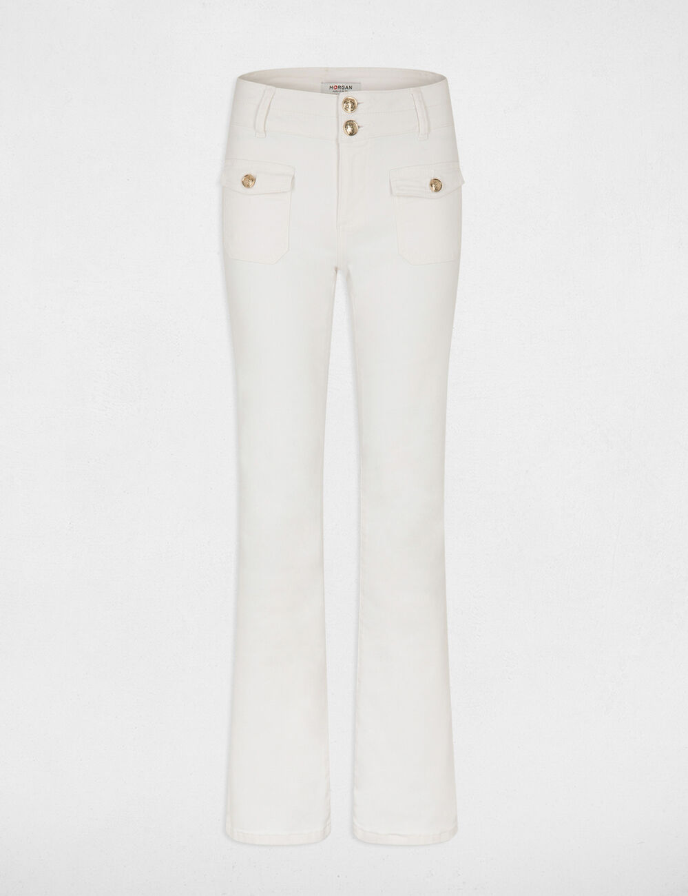 Vaquero boot-cut con bolsillos de solapa marfil mujer