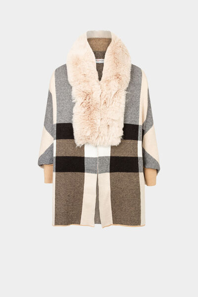 Poncho con detalles pelo de imitación beige mujer