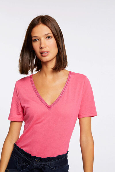 Camiseta manga corta con escote en V fucsia mujer