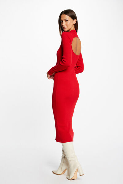 Vestido punto largo espalda descubierta rojo medio mujer