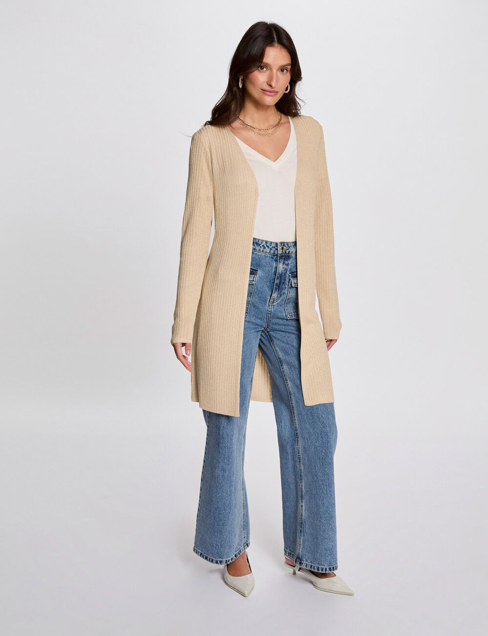 Cárdigan largo escote en V amarillo oro mujer