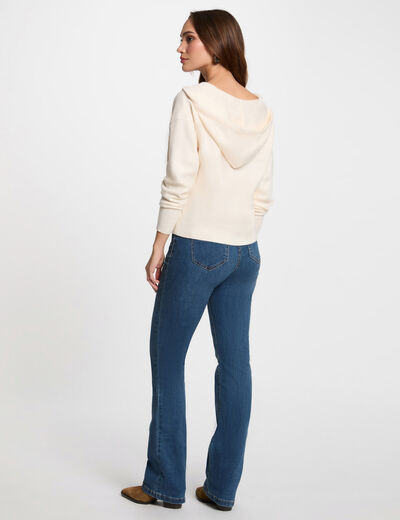 Jersey escote en V y capucha marfil mujer
