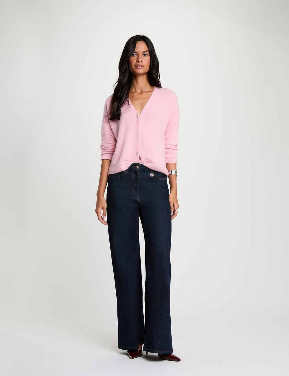 C&aacute;rdigan de punto con cuello en V rosa pastel mujer