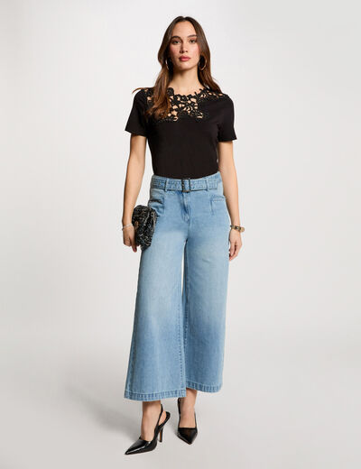 Vaquero pernera ancha cinturón denim descolorido mujer