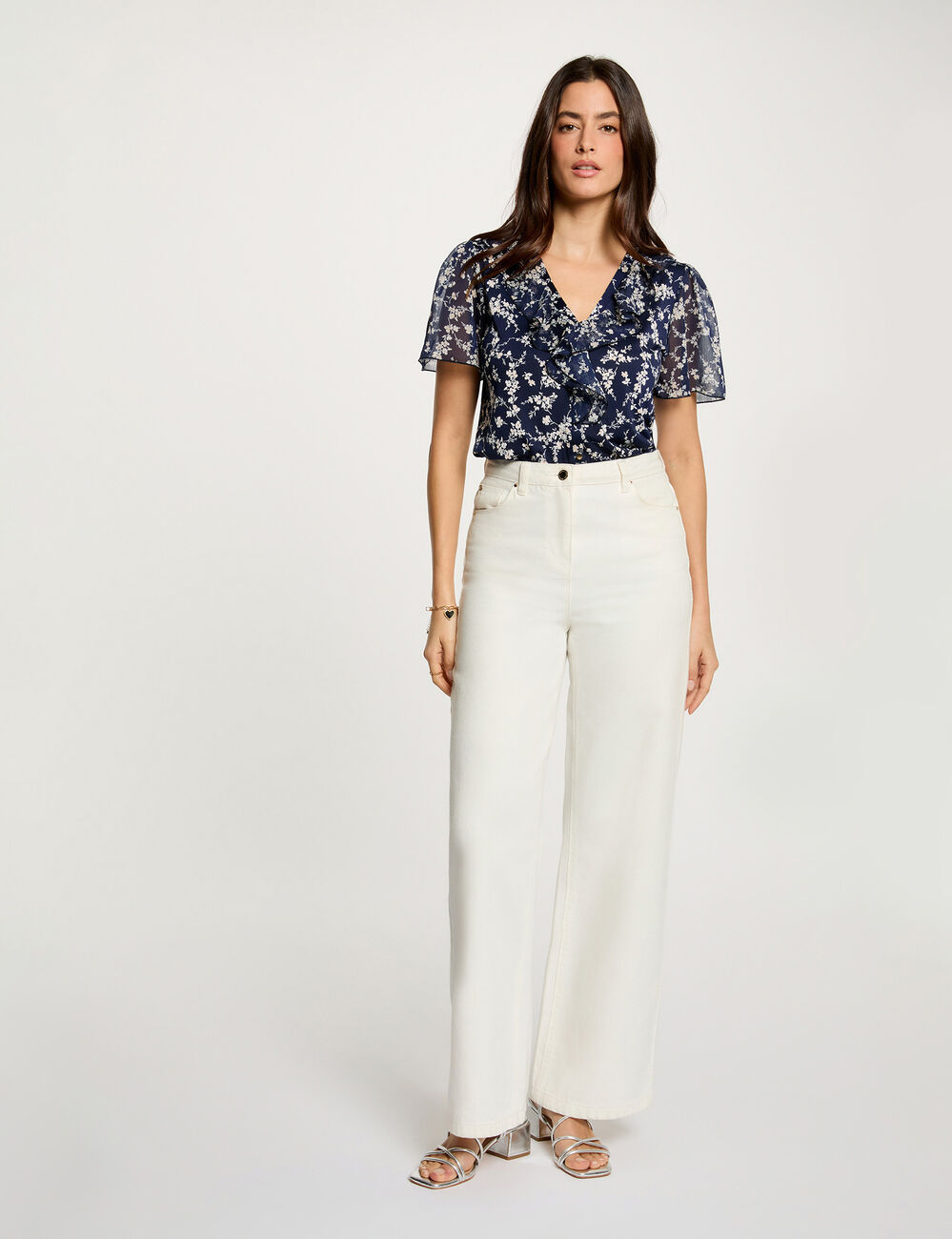 Blusa de gasa con cuello en v azul marino mujer