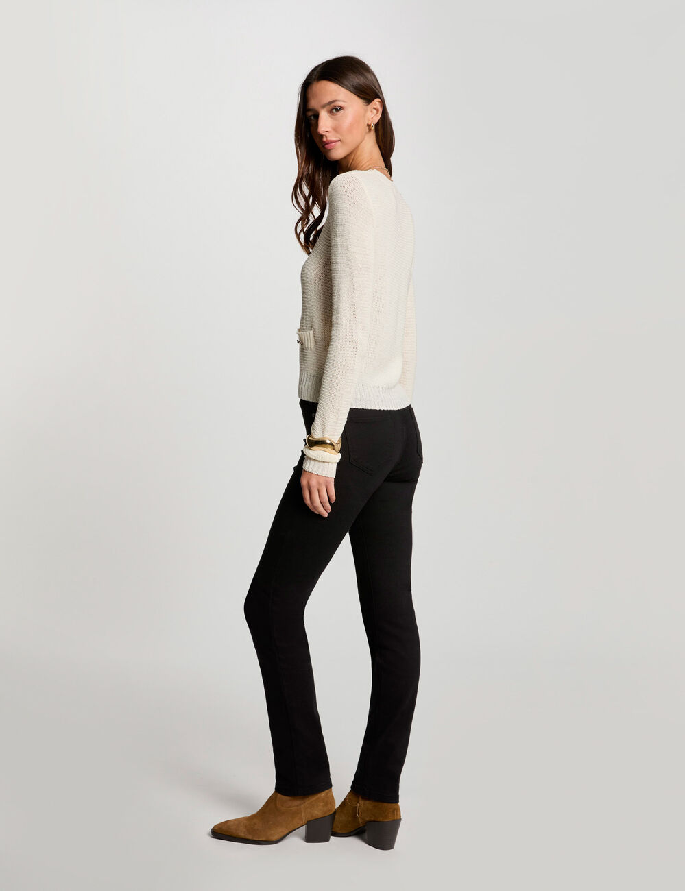 Jersey calado cuello redondo marfil mujer
