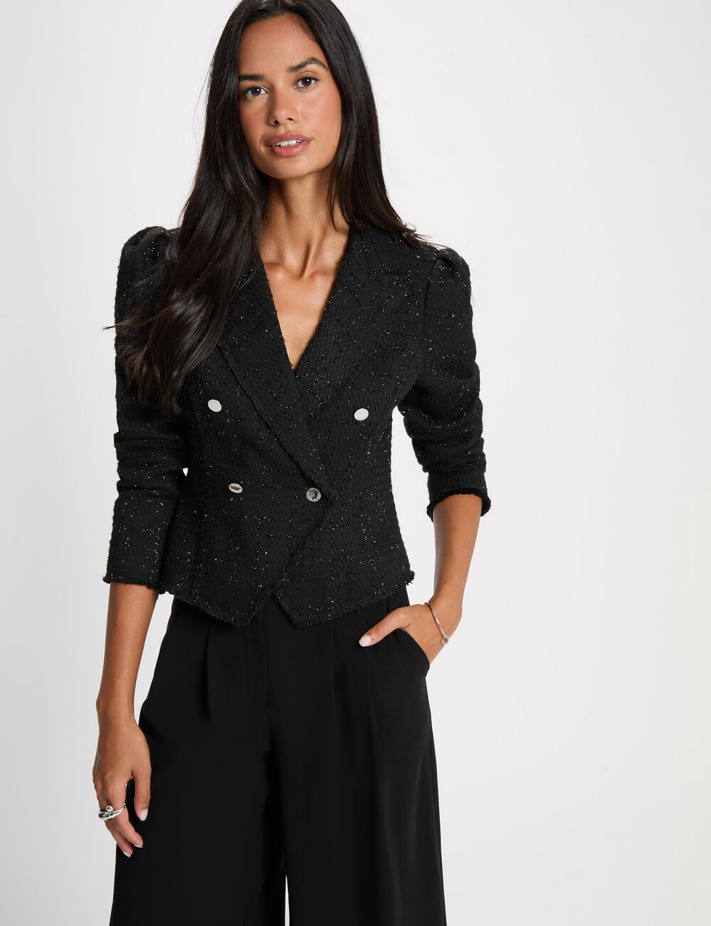 Chaqueta entallada de tweed negro mujer