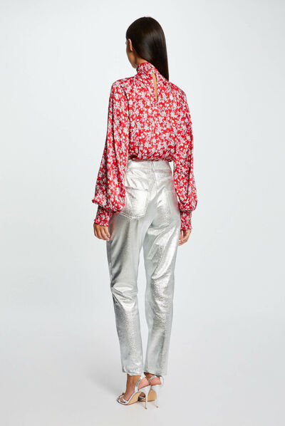 Pantalón recto cuero sintético plateado mujer