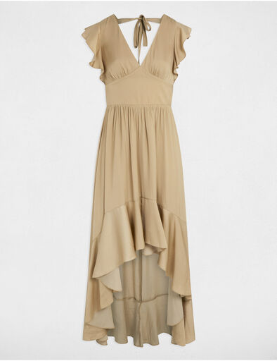 vestido largo recto de saten beige mujer Vestido largo recto de satén beige mujer