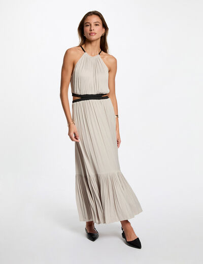 Vestido largo recto de satén beige mujer