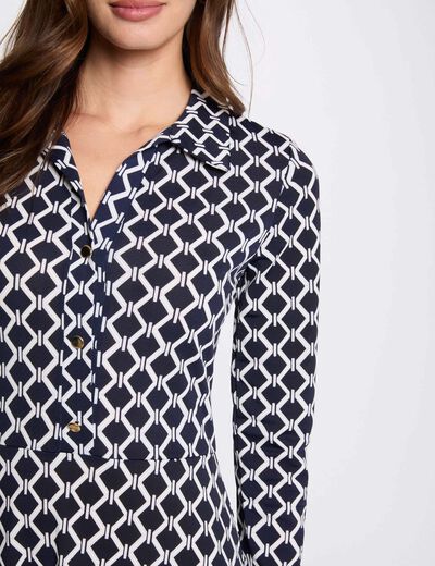 Vestido midi recto estampado azul marino mujer
