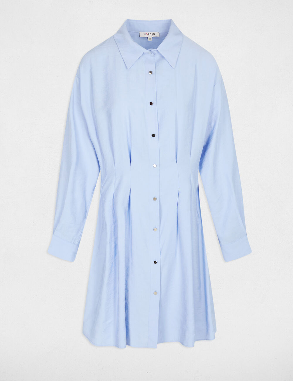 Vestido camisero con pliegues azul cielo mujer