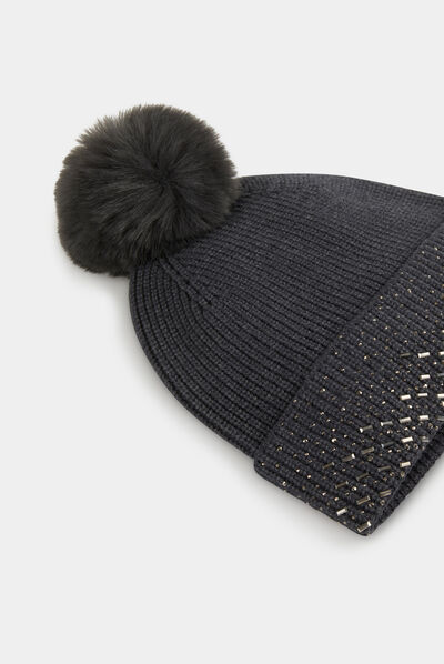 Gorro con strass y pompón gris moyen mujer
