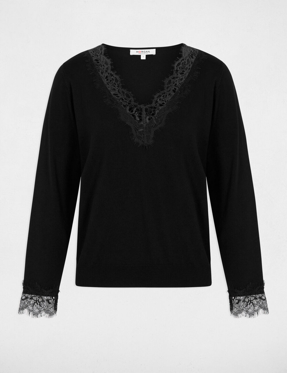 Jersey con cuello en V y encaje negro mujer