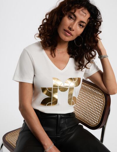 Camiseta corta estampada blanco mujer